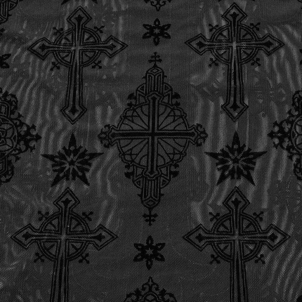 PUNK RAVE Women's Gothic Cross Flocking Mesh Sheer T-shirt