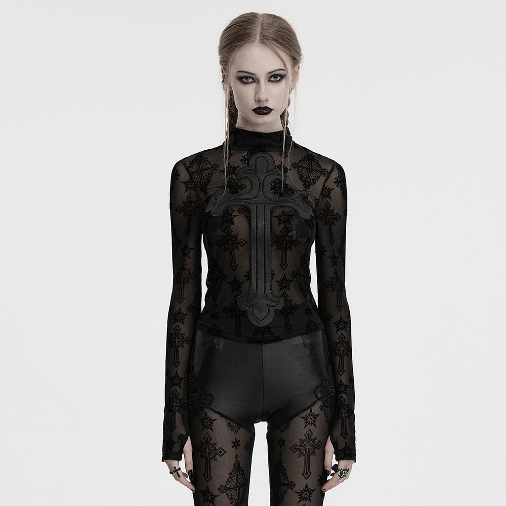 PUNK RAVE Women's Gothic Cross Flocking Mesh Sheer T-shirt