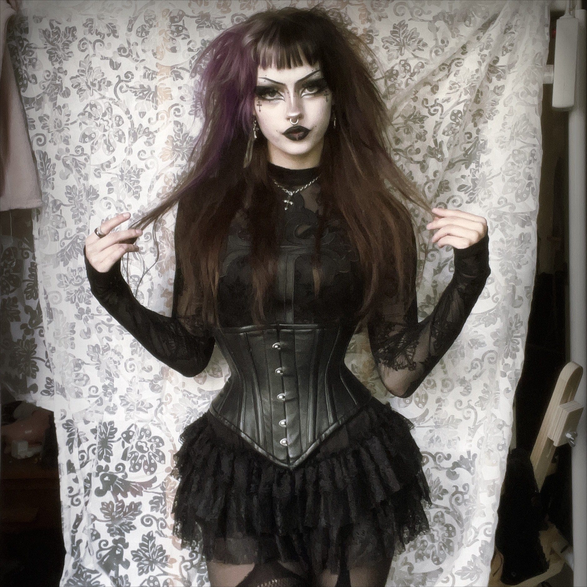 PUNK RAVE Women's Gothic Cross Flocking Mesh Sheer T-shirt