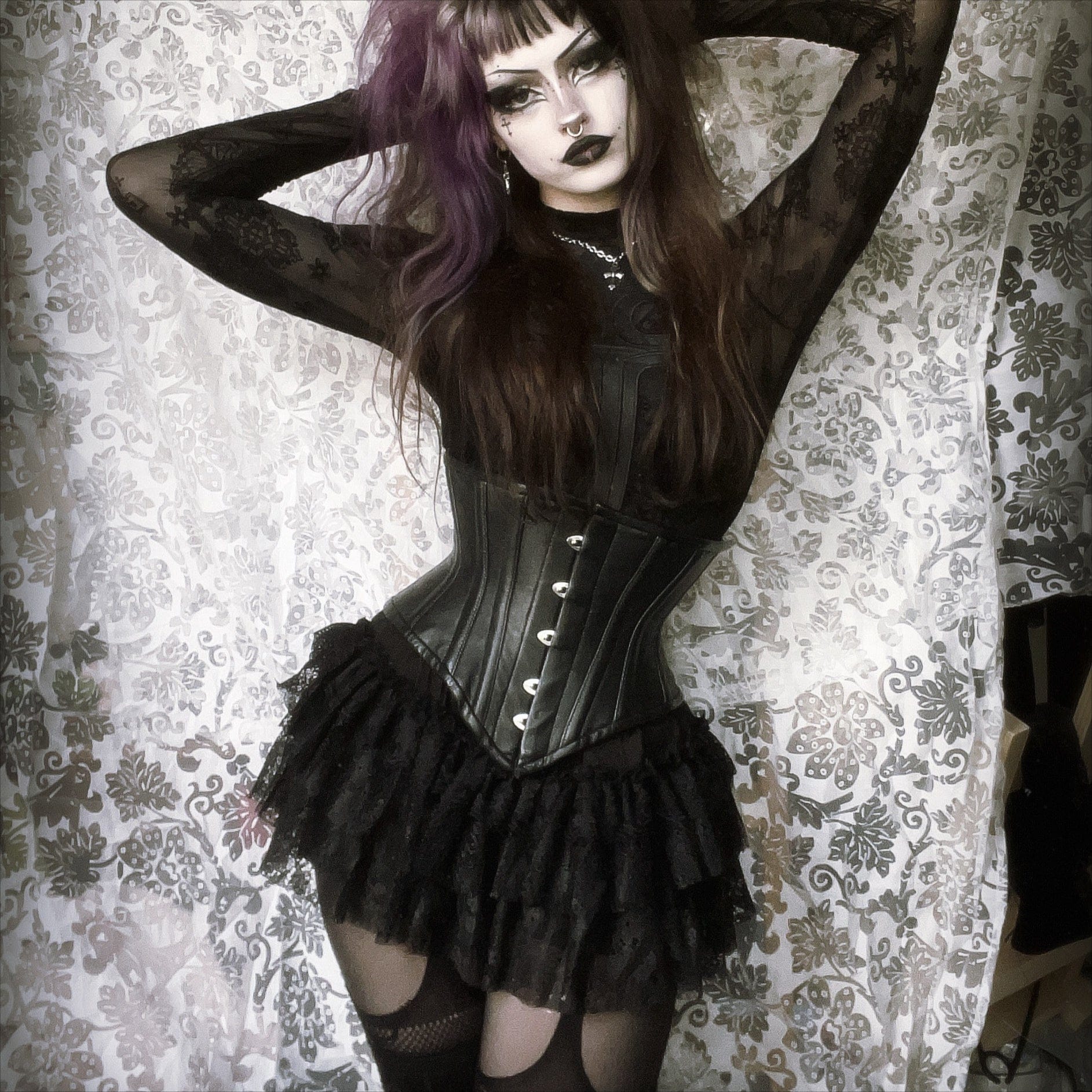 PUNK RAVE Women's Gothic Cross Flocking Mesh Sheer T-shirt