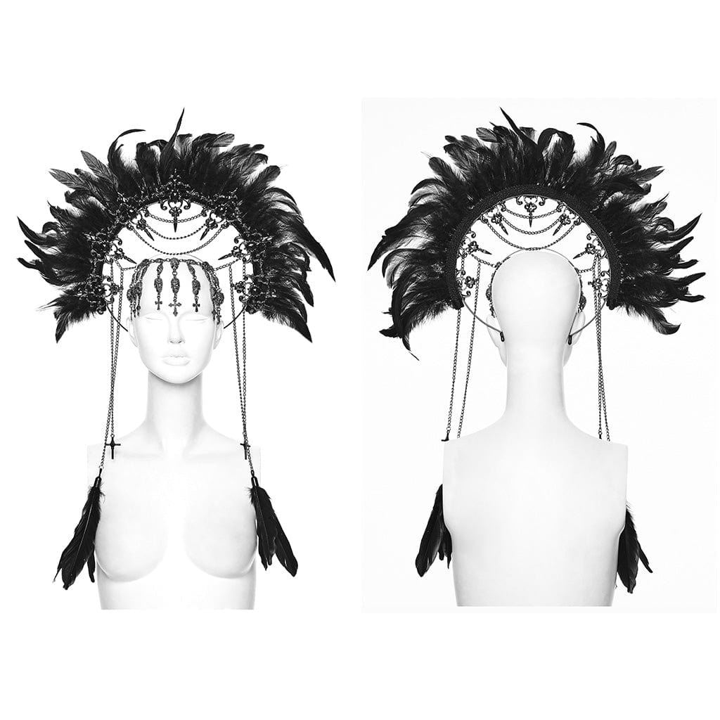 PUNK RAVE Women's Gothic Cross&Skull Chained Feather Headwear
