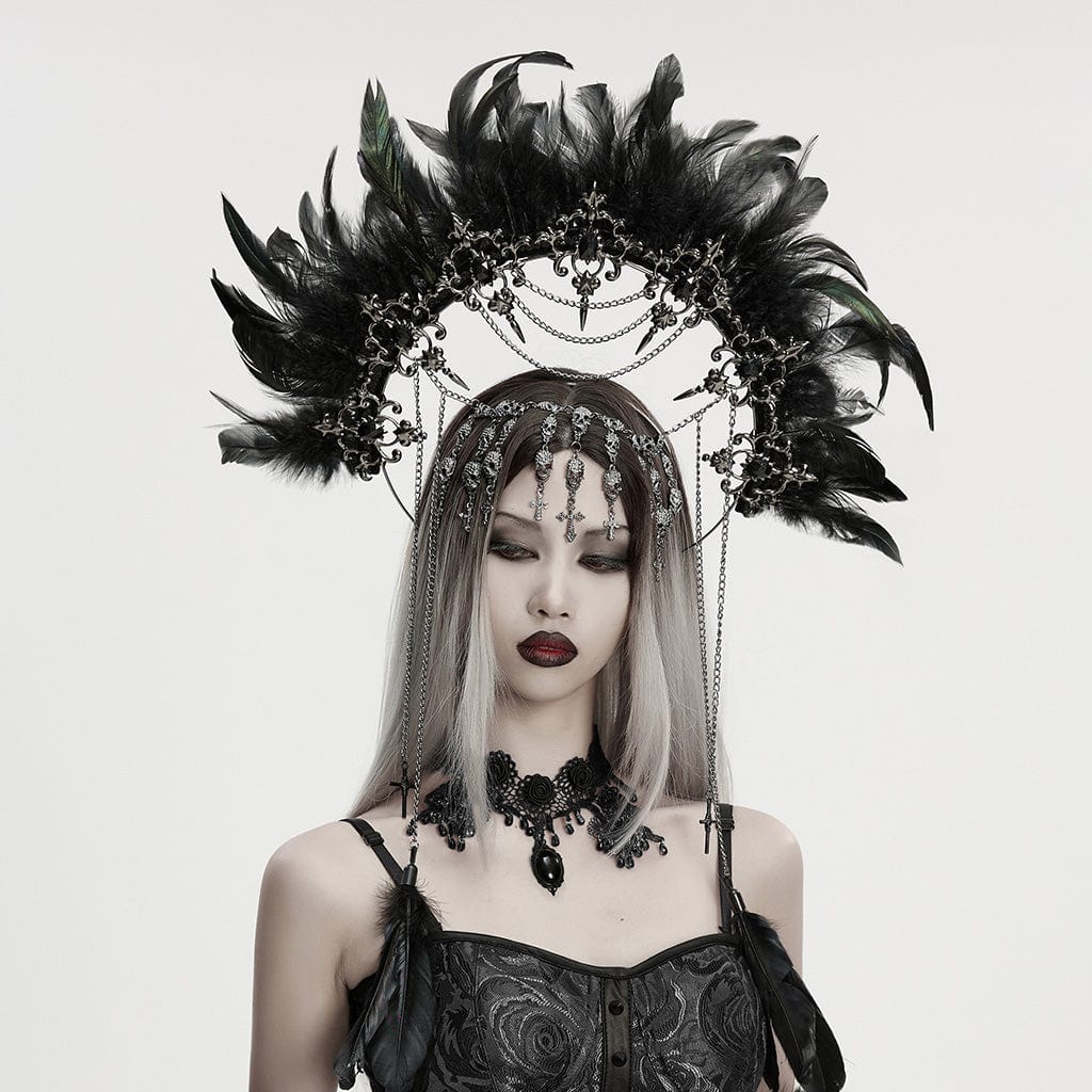 PUNK RAVE Women's Gothic Cross&Skull Chained Feather Headwear