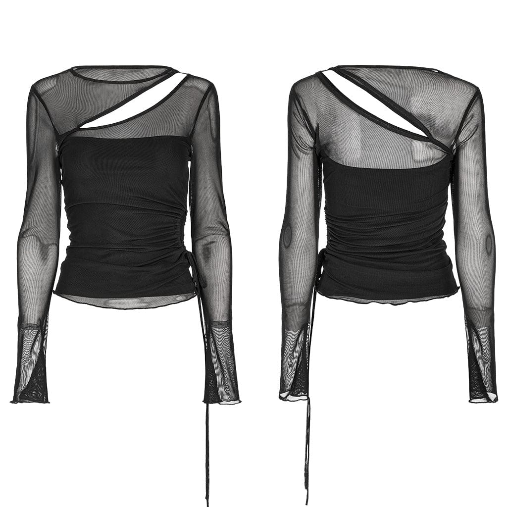 PUNK RAVE Women's Gothic Cutout Drawstring Mesh Shirt