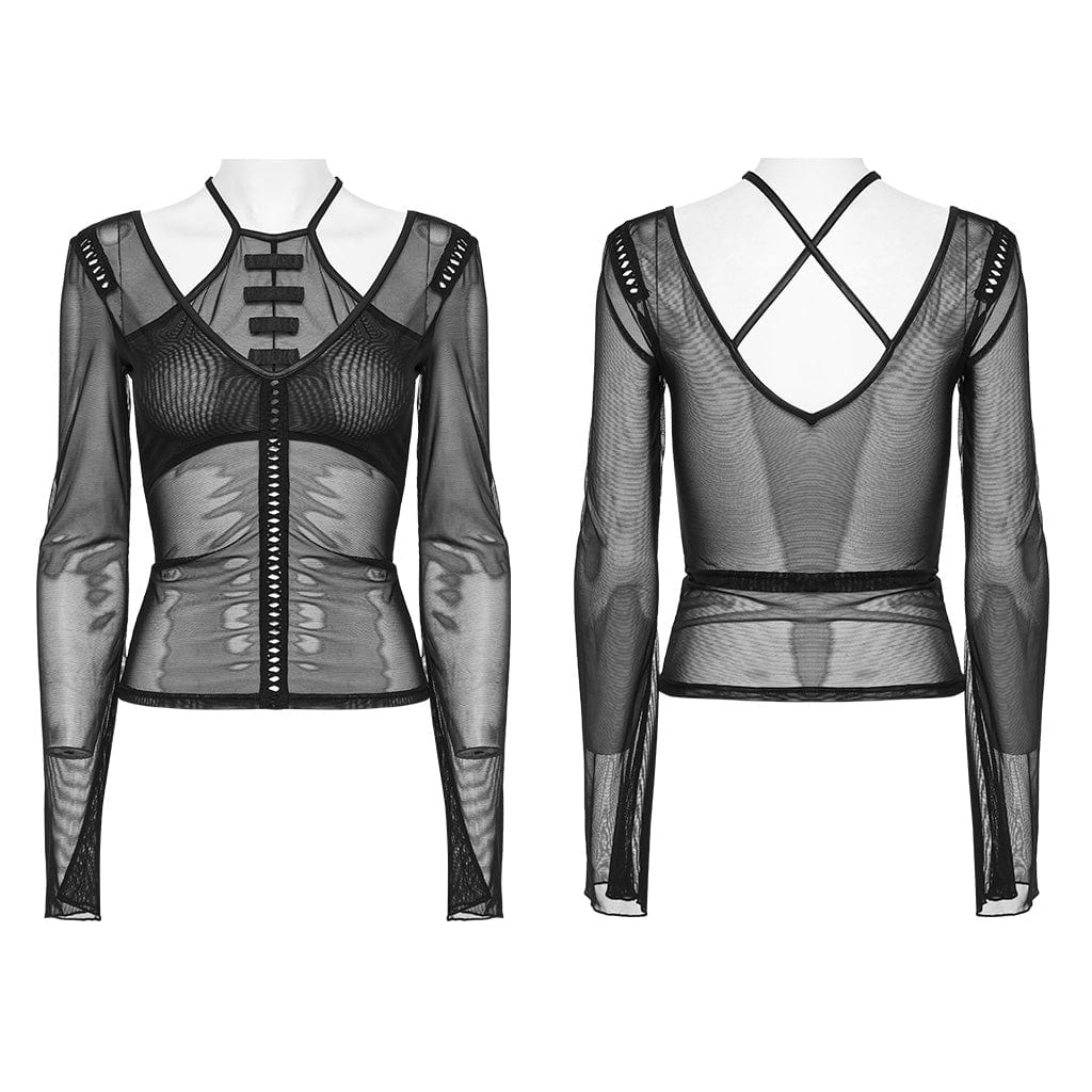 PUNK RAVE Women's Gothic Cutout Halterneck Mesh Shirt