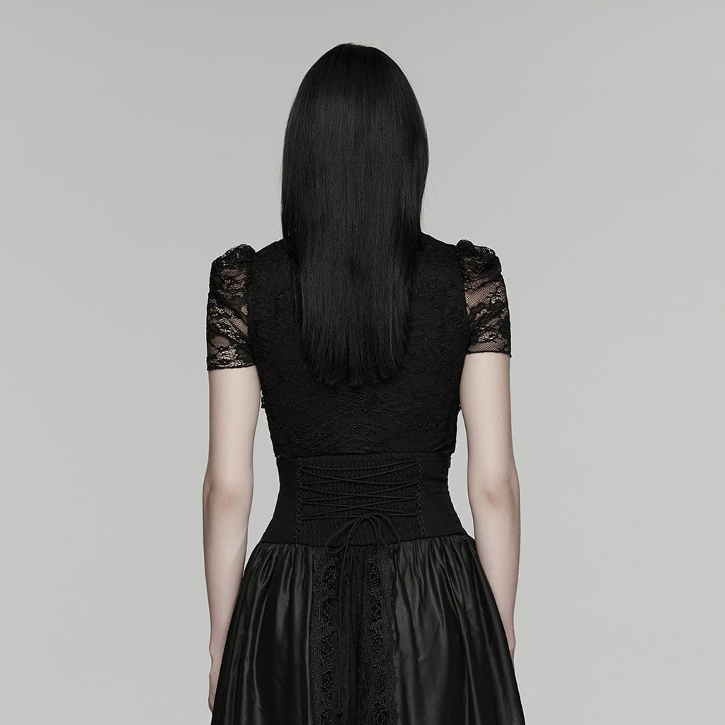 PUNK RAVE Women's Gothic Cutout Lace Short Sleeved Top