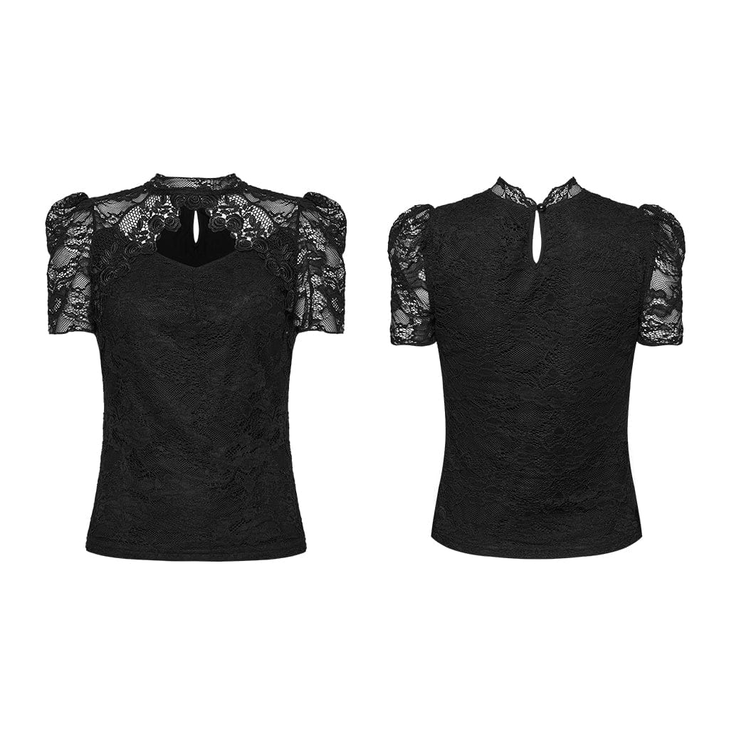 PUNK RAVE Women's Gothic Cutout Lace Short Sleeved Top