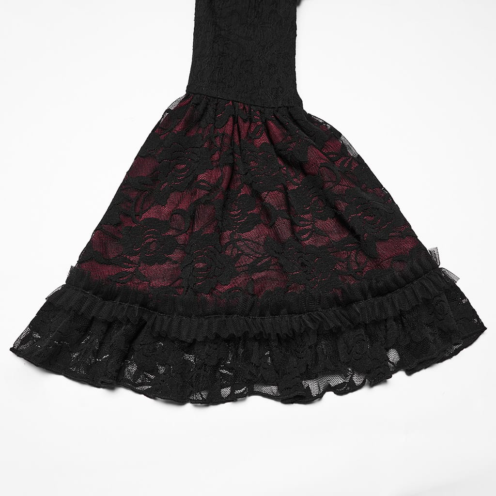 PUNK RAVE Women's Gothic Cutout Lace-up Chained Flare Sleeve Maxi Dress Black-Red