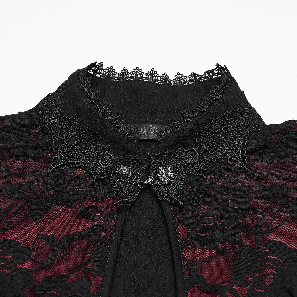 PUNK RAVE Women's Gothic Cutout Lace-up Chained Flare Sleeve Maxi Dress Black-Red