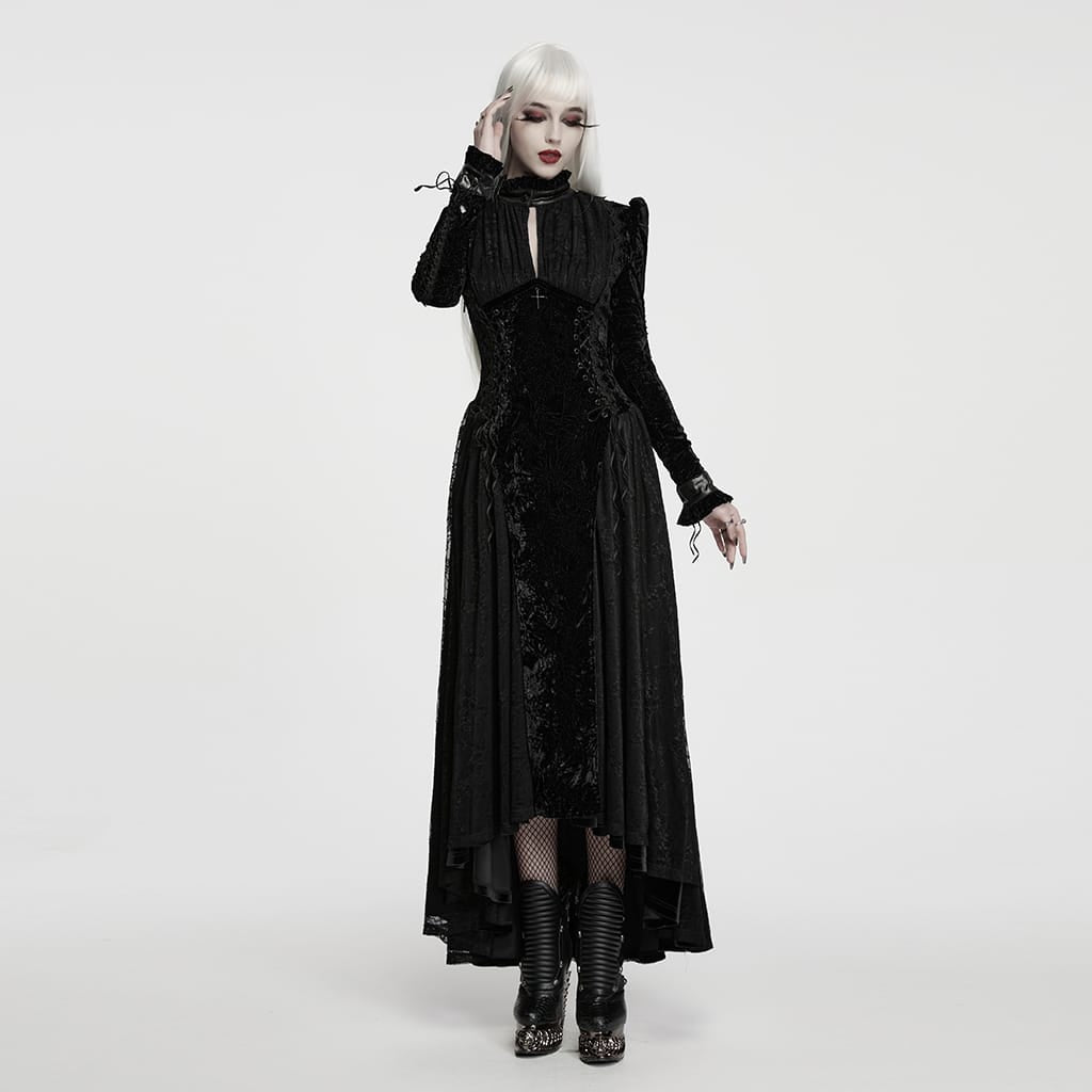 PUNK RAVE Women's Gothic Cutout Lace-up Irregular Hem Maxi Dress Black