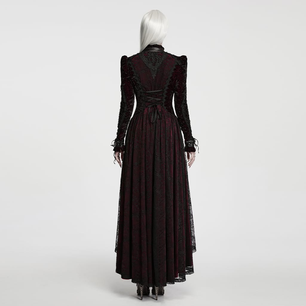 PUNK RAVE Women's Gothic Cutout Lace-up Irregular Hem Maxi Dress Black-Red