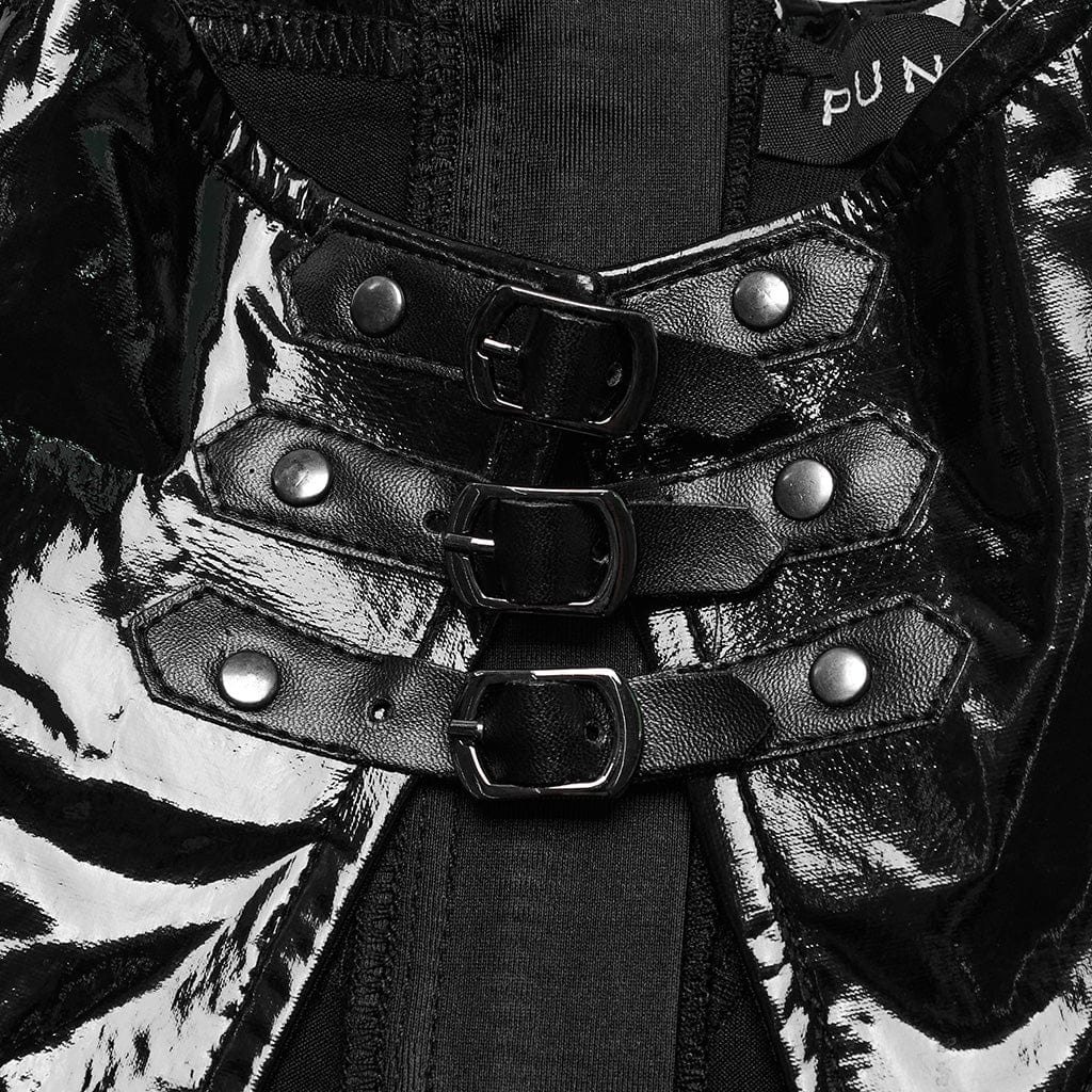 PUNK RAVE Women's Gothic Cutout Side Slit Buckle Maxi Dress Black-Red