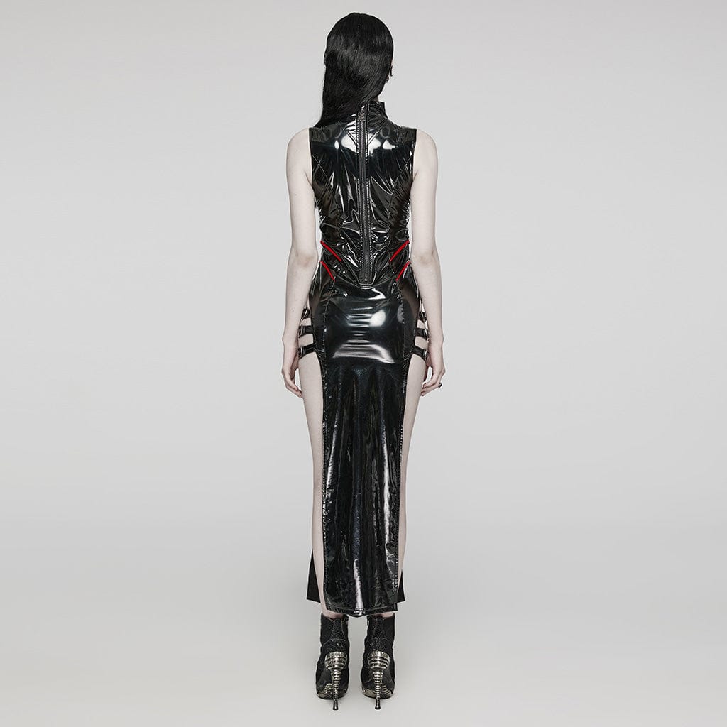 PUNK RAVE Women's Gothic Cutout Side Slit Buckle Maxi Dress Black-Red