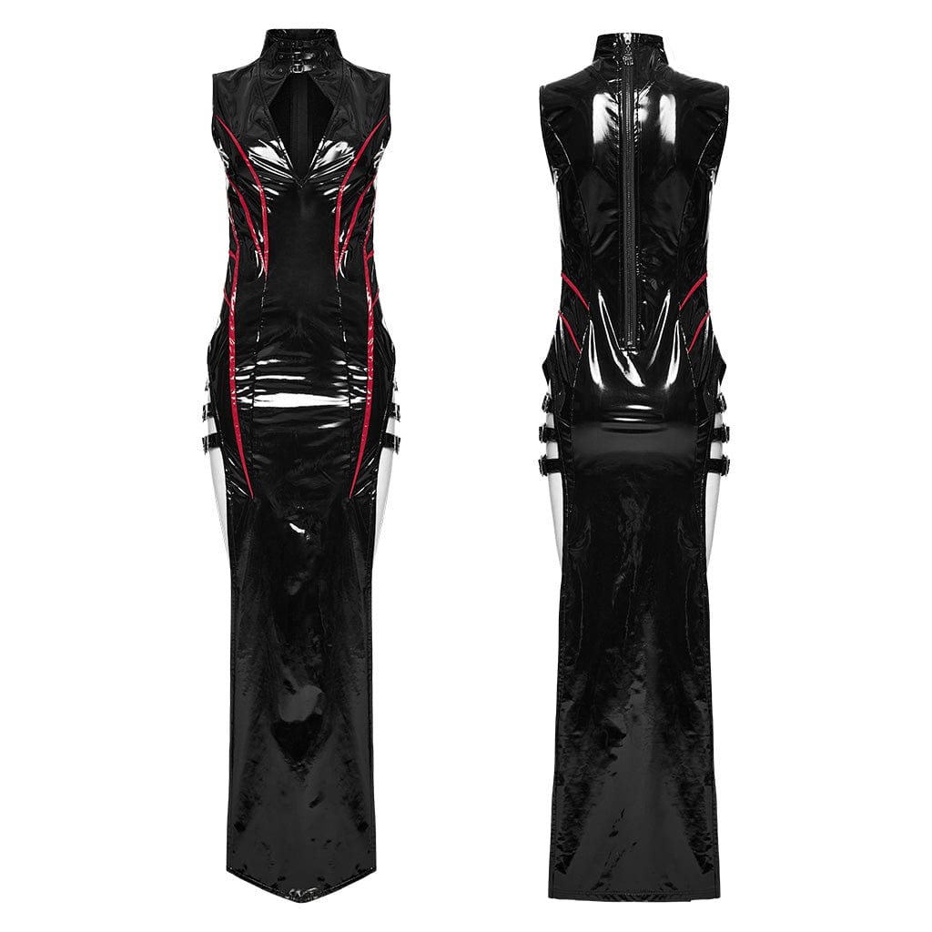 PUNK RAVE Women's Gothic Cutout Side Slit Buckle Maxi Dress Black-Red