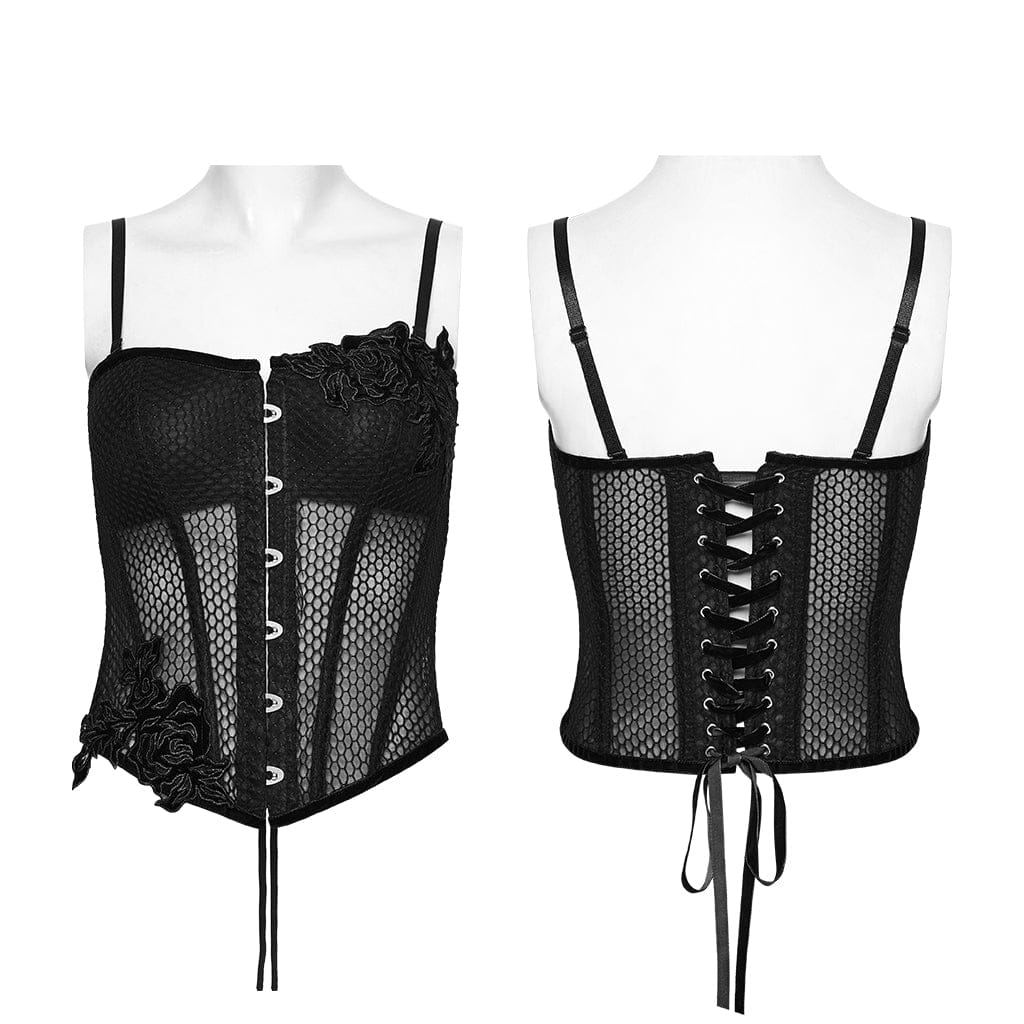 PUNK RAVE Women's Gothic Decal Sheer Lace-up Overbust Corset Black