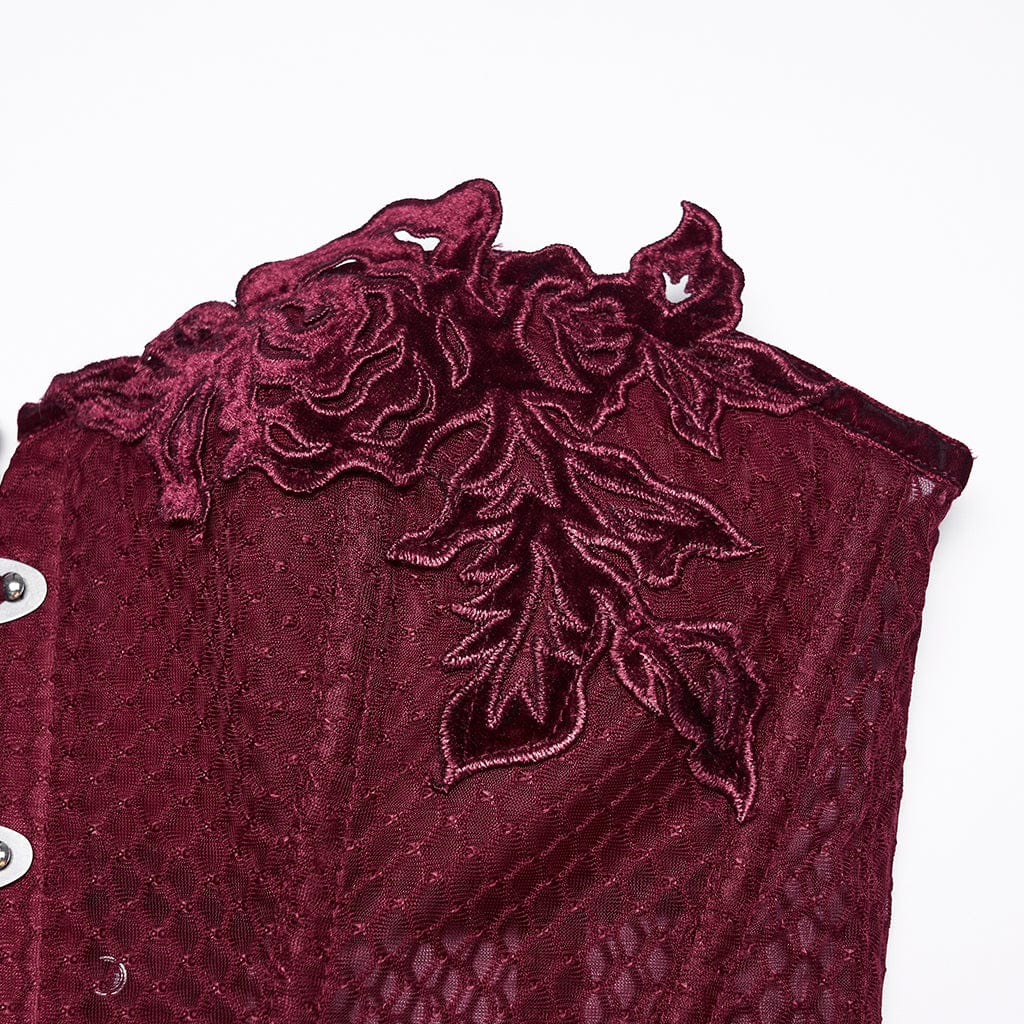 PUNK RAVE Women's Gothic Decal Sheer Lace-up Overbust Corset Red