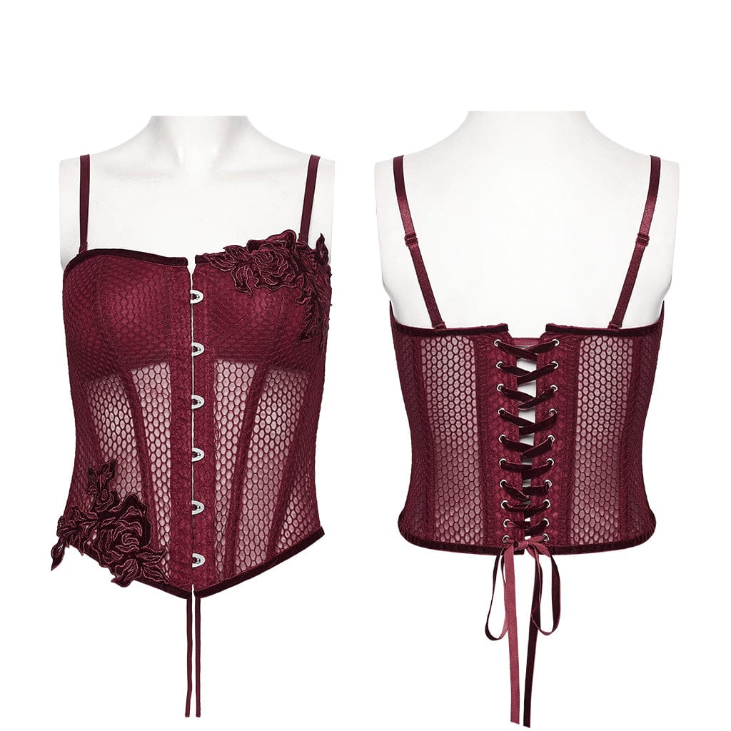 PUNK RAVE Women's Gothic Decal Sheer Lace-up Overbust Corset Red