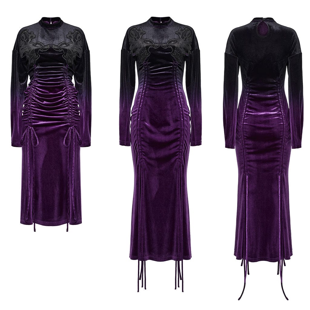 PUNK RAVE Women's Gothic Drawstring Gradient Velvet Prom Dress