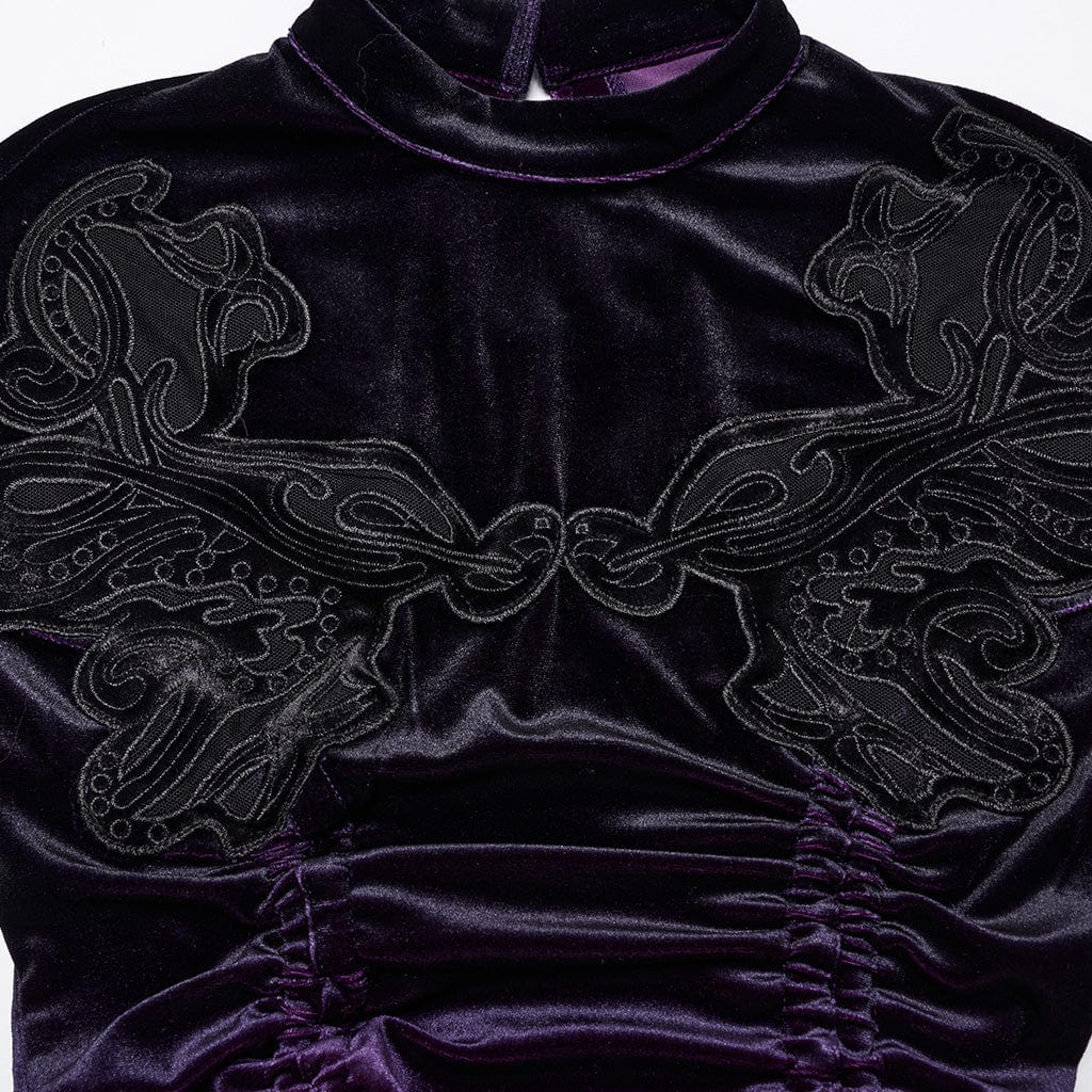 PUNK RAVE Women's Gothic Drawstring Gradient Velvet Prom Dress