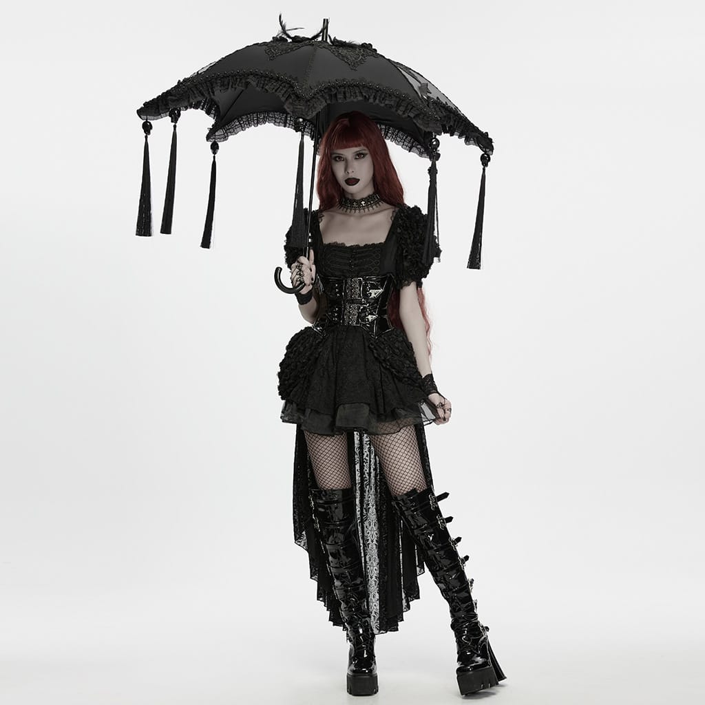 PUNK RAVE Women's Gothic Embroidered Applique Lace Trim Umbrella