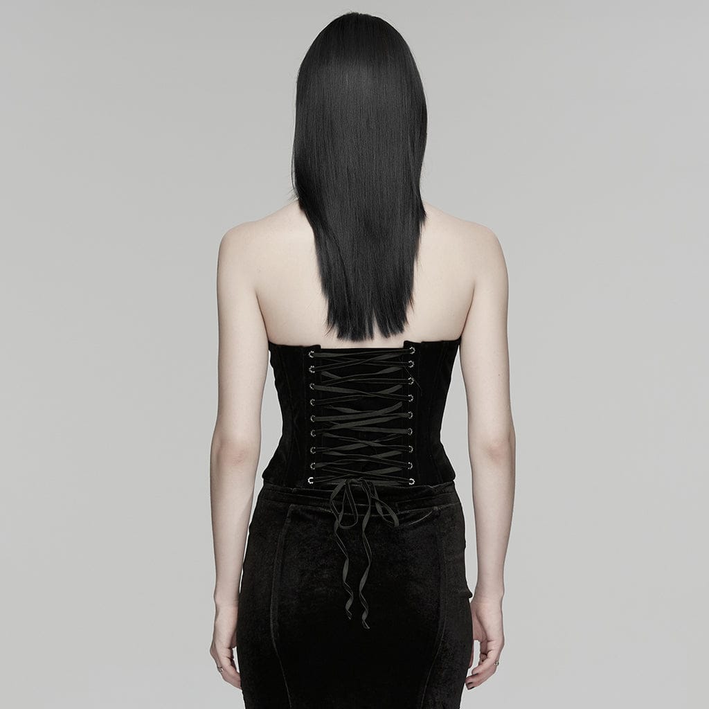 PUNK RAVE Women's Gothic Embroidered Floral Lace-up Bustier