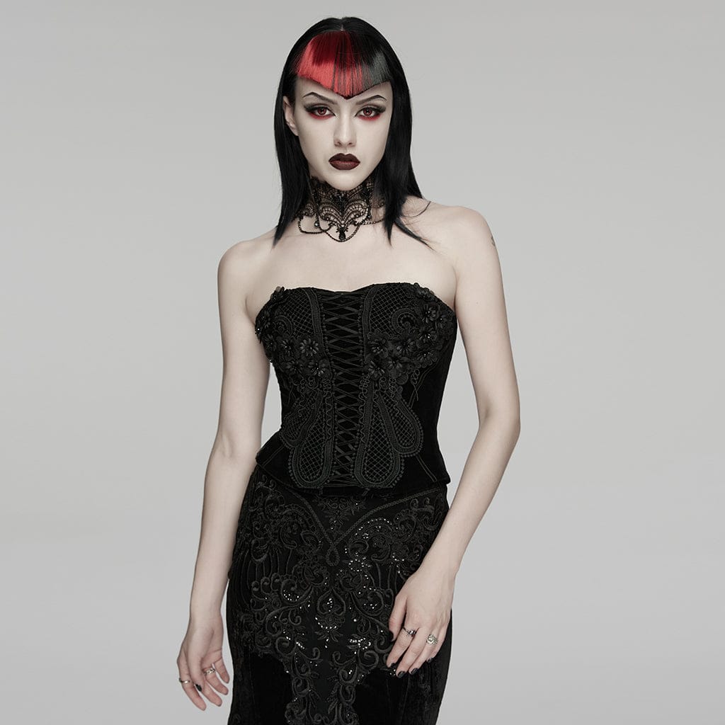 PUNK RAVE Women's Gothic Embroidered Floral Lace-up Bustier