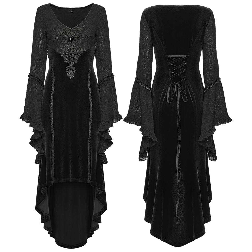 PUNK RAVE Women's Gothic Embroidered Lace-up Flared Sleeved Dress