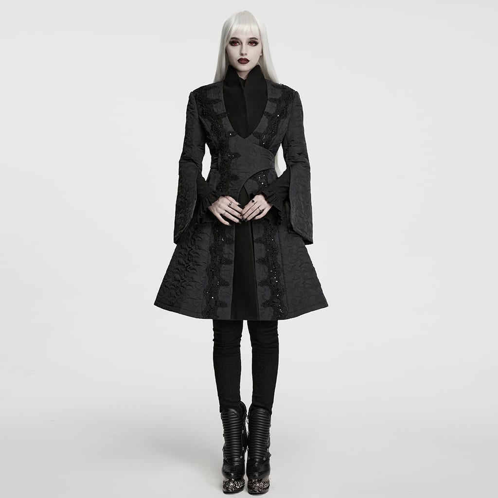 PUNK RAVE Women's Gothic Embroidered Stand Collar Asymmetric Long Jacket