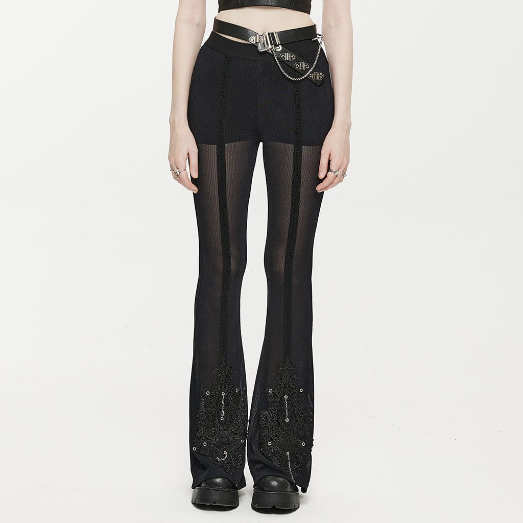 PUNK RAVE Women's Gothic Eyelet Splice Mesh Flared Pants