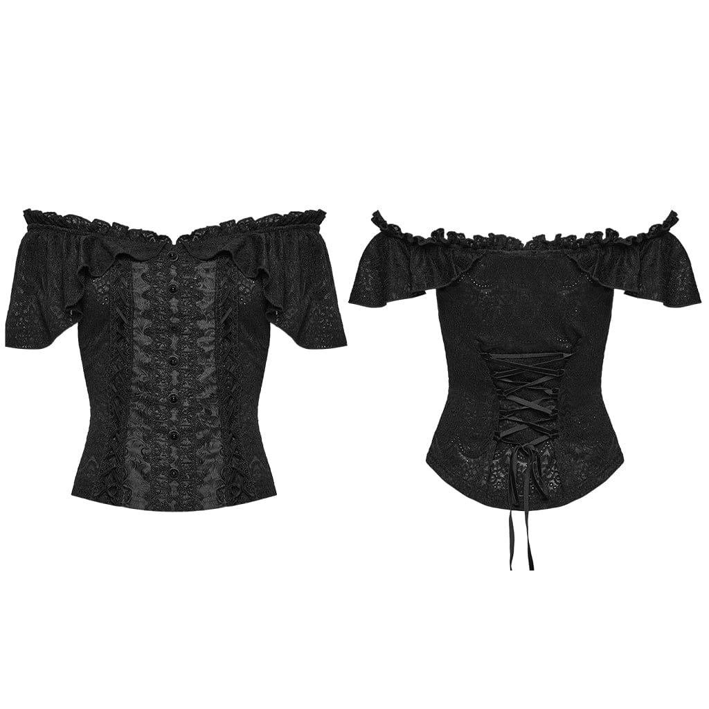 PUNK RAVE Women's Gothic Falbala Off Shoulder Short Sleeved Top