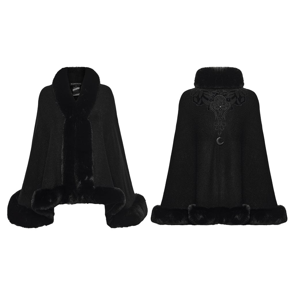 PUNK RAVE Women's Gothic Faux Fur Embroidered Witchy Cloak