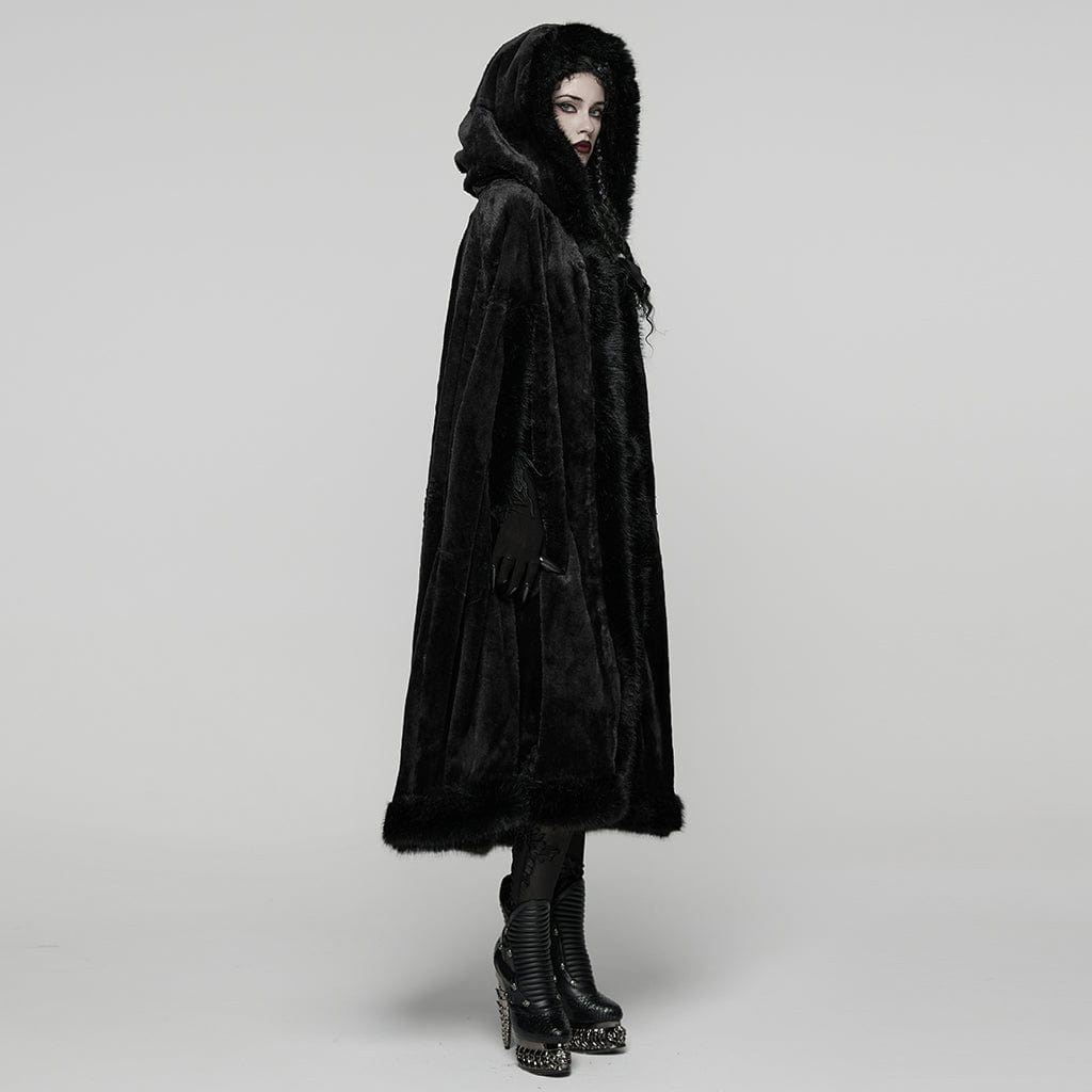 PUNK RAVE Women's Gothic Faux Fur Splice Hooded Cloak Black
