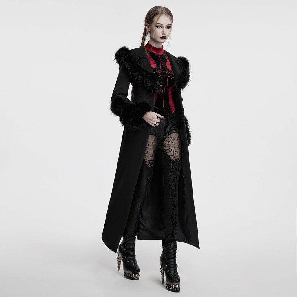 PUNK RAVE Women's Gothic Faux Fur Splice Lace-up Detachable Coat Black