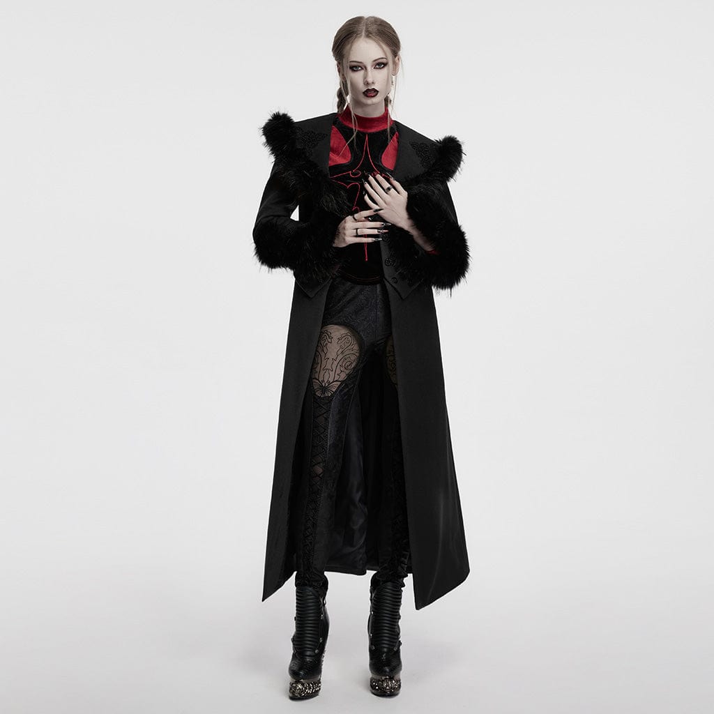 PUNK RAVE Women's Gothic Faux Fur Splice Lace-up Detachable Coat Black