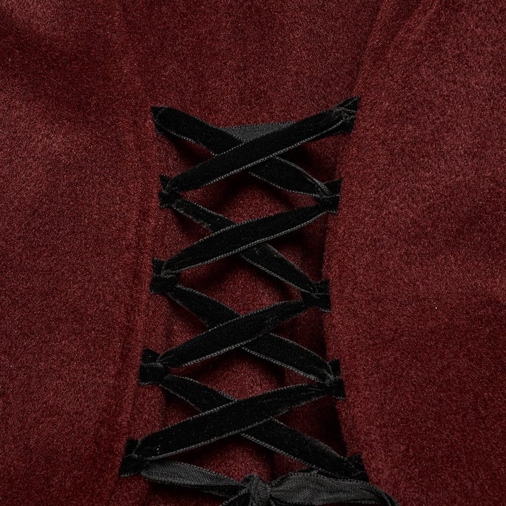 PUNK RAVE Women's Gothic Faux Fur Splice Lace-up Detachable Coat Red