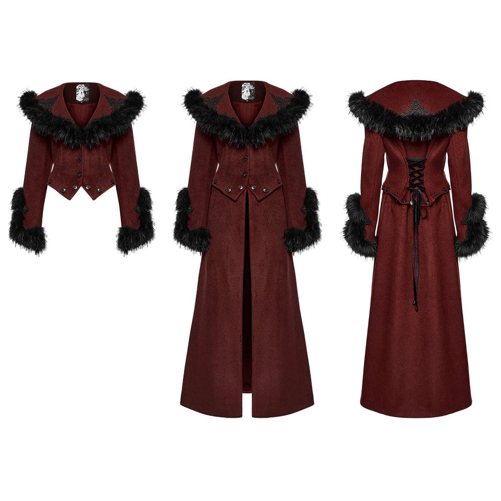 PUNK RAVE Women's Gothic Faux Fur Splice Lace-up Detachable Coat Red