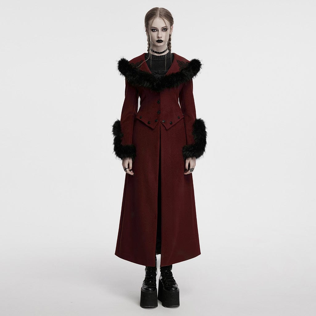PUNK RAVE Women's Gothic Faux Fur Splice Lace-up Detachable Coat Red