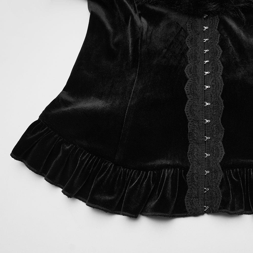 PUNK RAVE Women's Gothic Faux Fur Splice V-neck Lace-up Cardigan