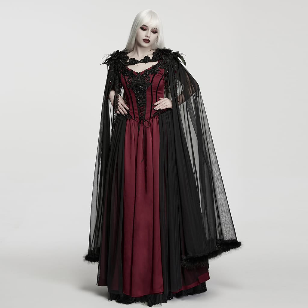 PUNK RAVE Women's Gothic Feather Beaded Applique Mesh Cloak