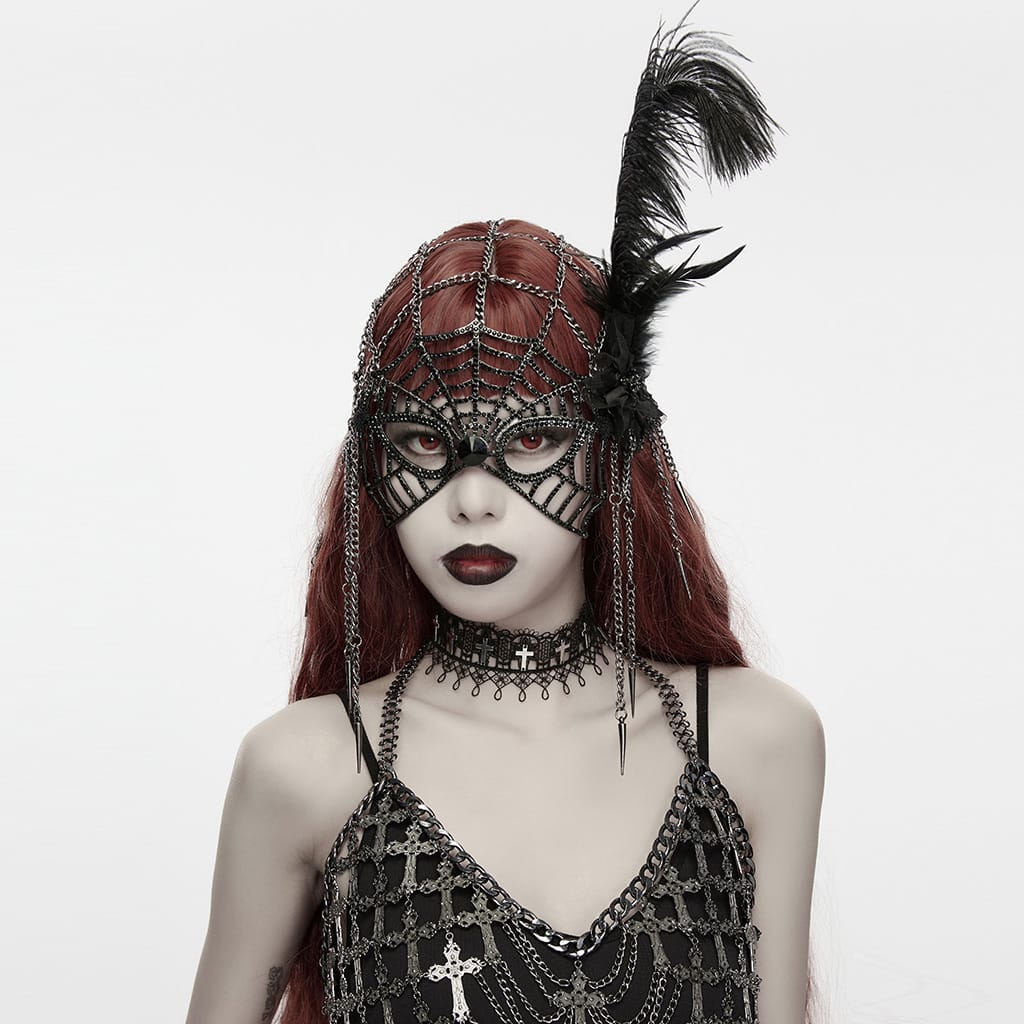 PUNK RAVE Women's Gothic Feather Chain Cobweb Masquerade Mask Black