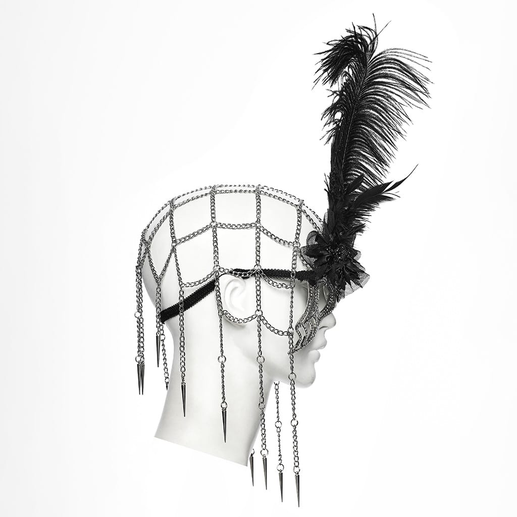PUNK RAVE Women's Gothic Feather Chain Cobweb Masquerade Mask Silver