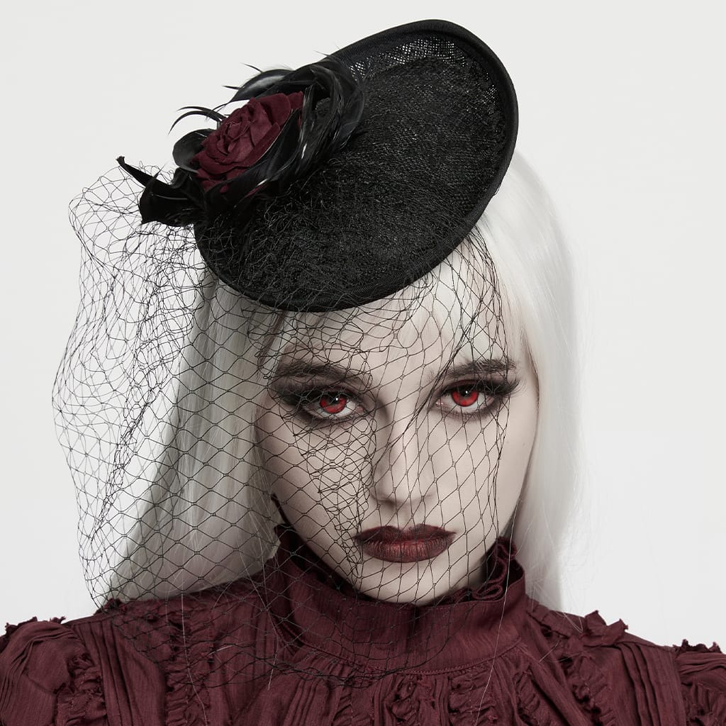 PUNK RAVE Women's Gothic Feather Rose Birdcage Veil Fascinator Hat Black-Red
