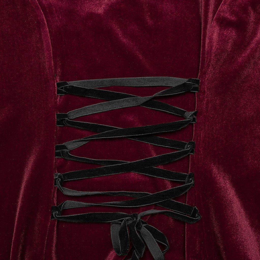 PUNK RAVE Women's Gothic Flared Sleeved Floral Embroidered Velvet Dress