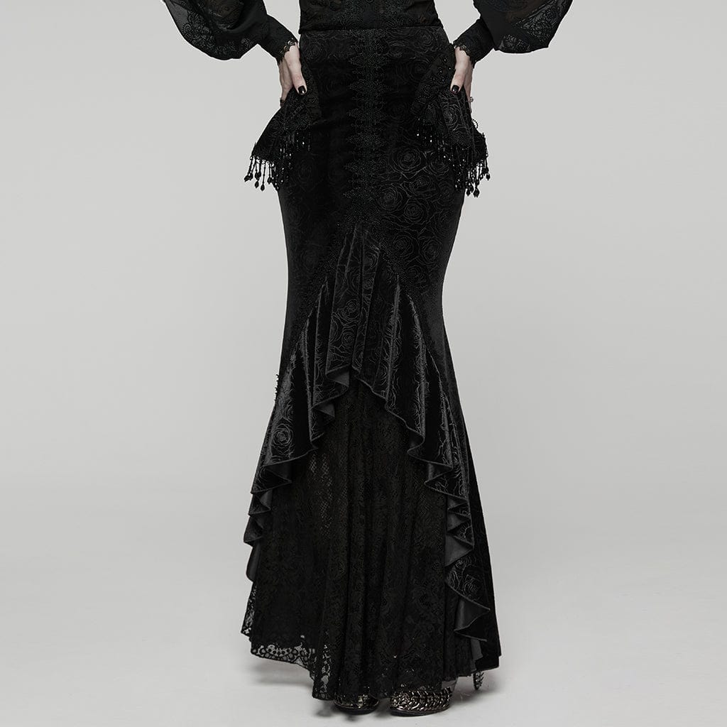 PUNK RAVE Women's Gothic Floral Beaded Irregular Hem Fishtail Skirt Black