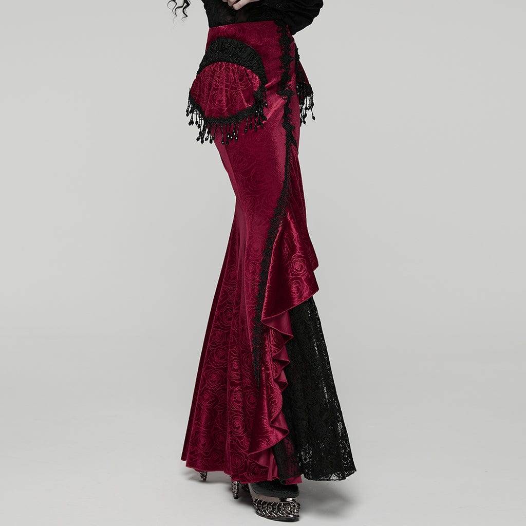 PUNK RAVE Women's Gothic Floral Beaded Irregular Hem Fishtail Skirt Red