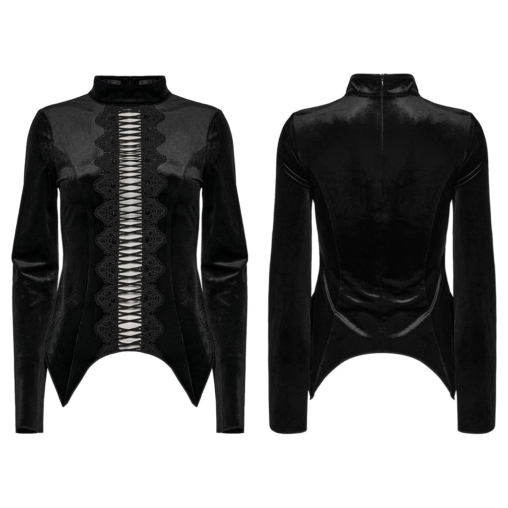 PUNK RAVE Women's Gothic Floral Crochet Cutout Velvet Long Sleeved Top