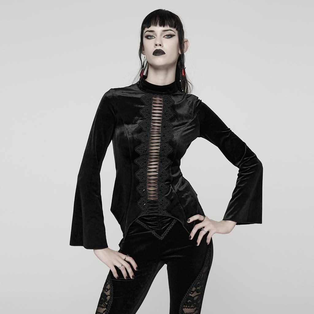 PUNK RAVE Women's Gothic Floral Crochet Cutout Velvet Long Sleeved Top