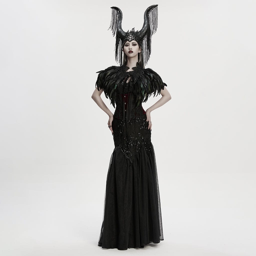 PUNK RAVE Women's Gothic Floral Crochet Feather Cape Black