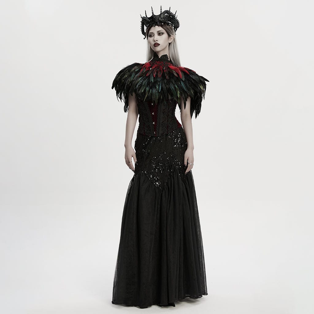 PUNK RAVE Women's Gothic Floral Crochet Feather Cape Black-Red