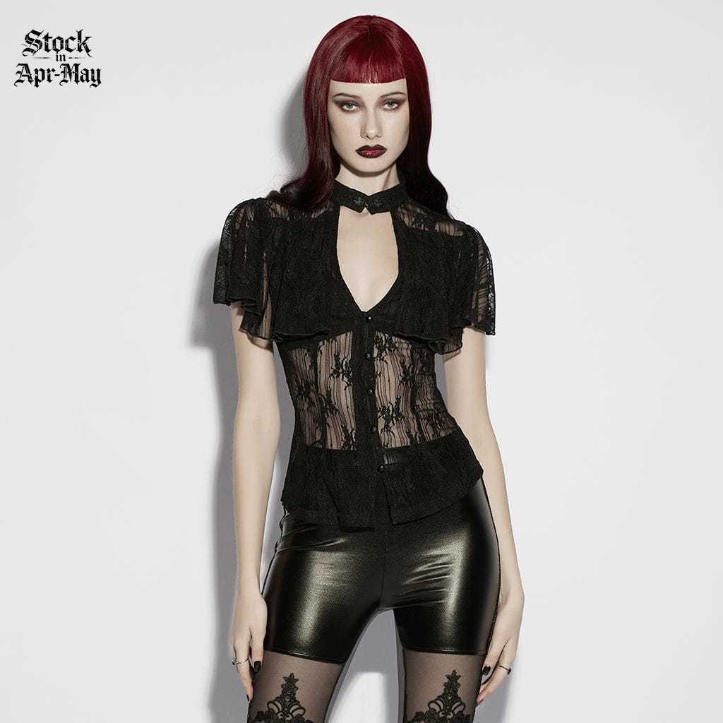 PUNK RAVE Women's Gothic Floral Cutout Lace Shirt