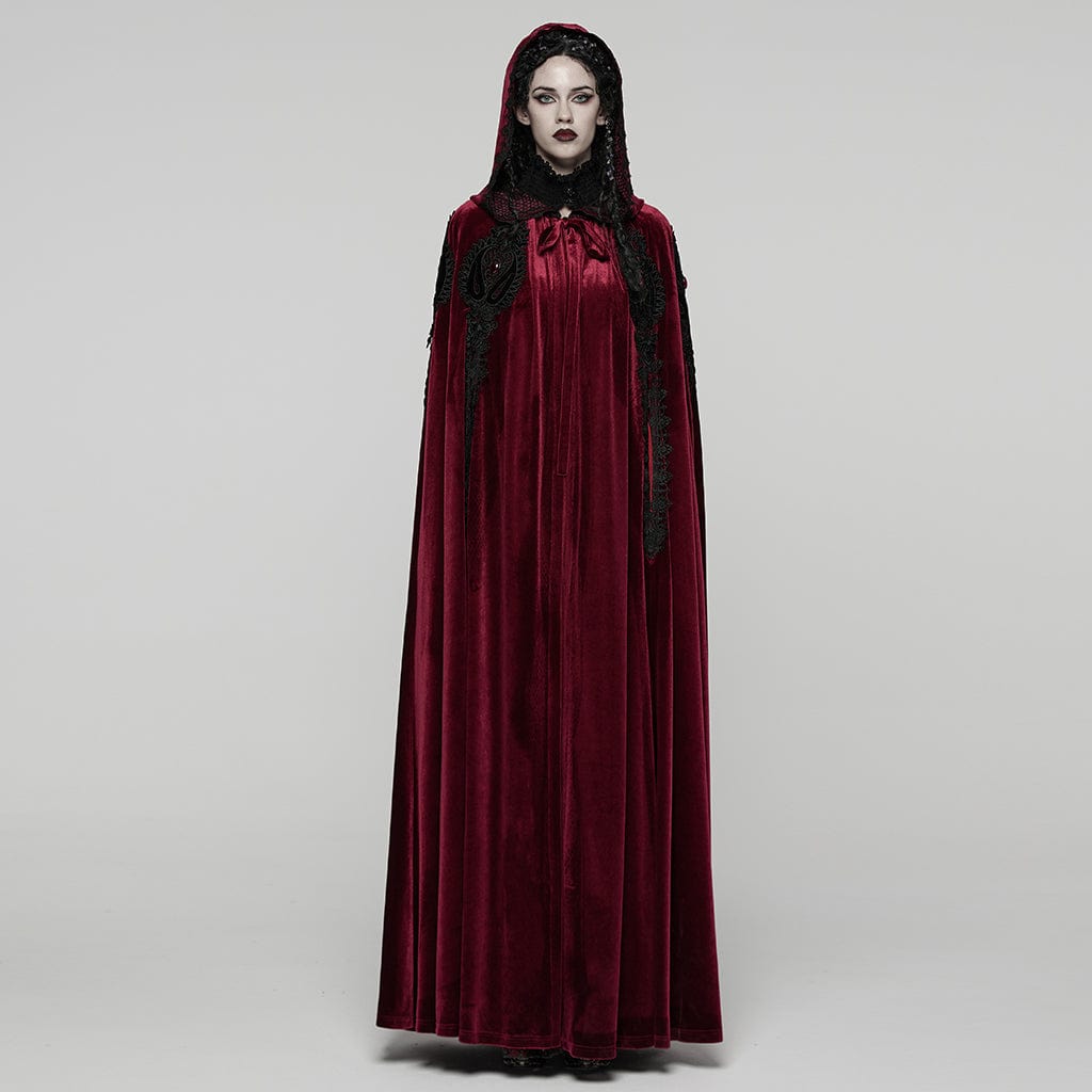 PUNK RAVE Women's Gothic Floral Embroidered Diamante Velvet Cloak Red